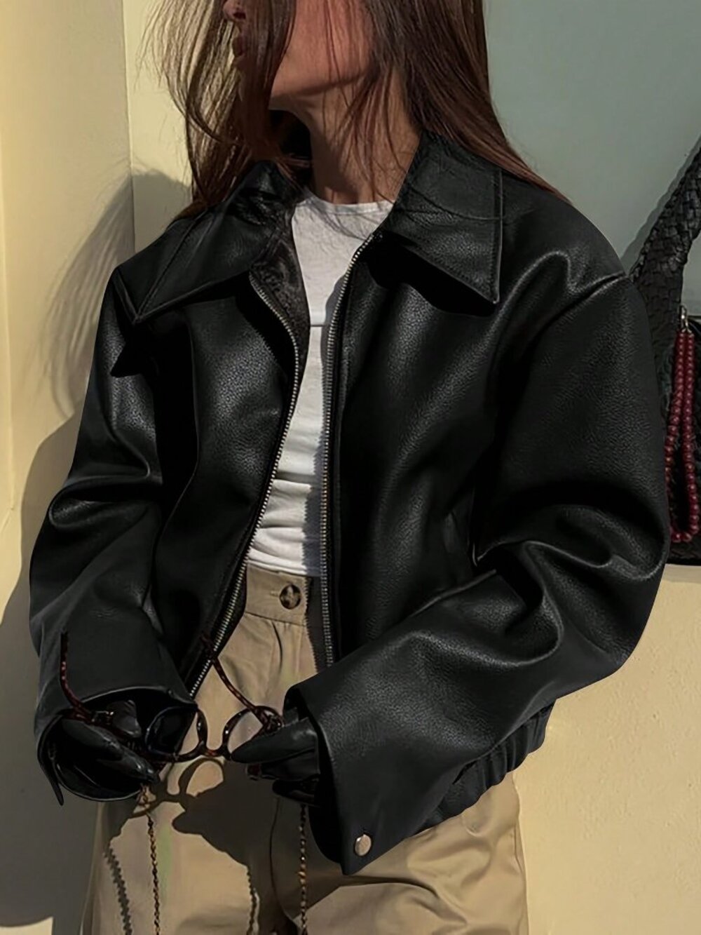 Black Casual Women's Loose Fit Colorblock Drop Sleeve Biker Jacket